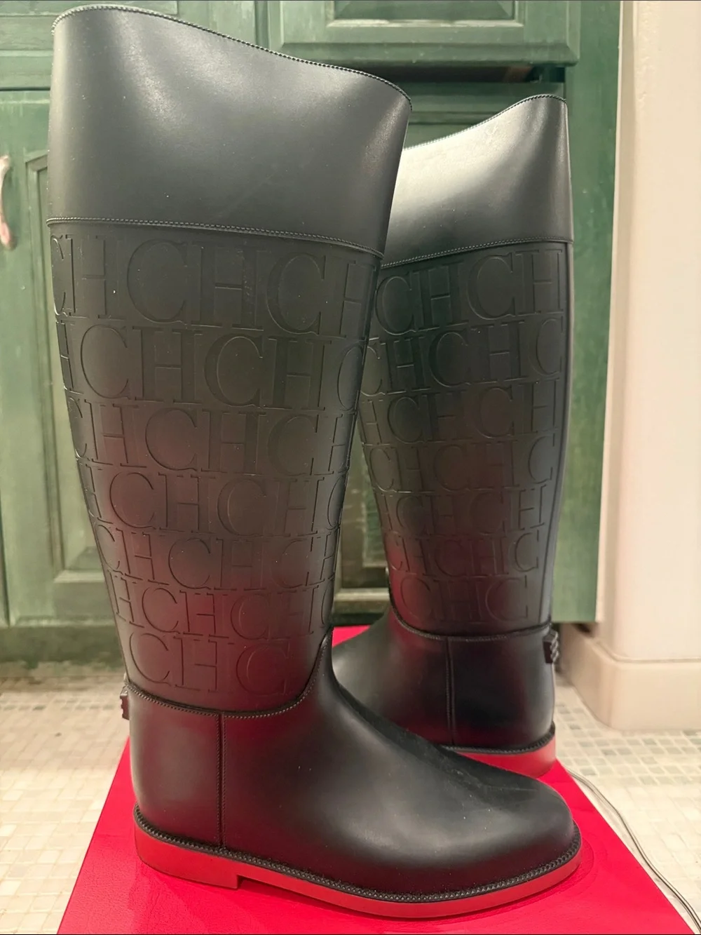 Carolina Herrera Black Embossed CH Logo Tall Rain Boots